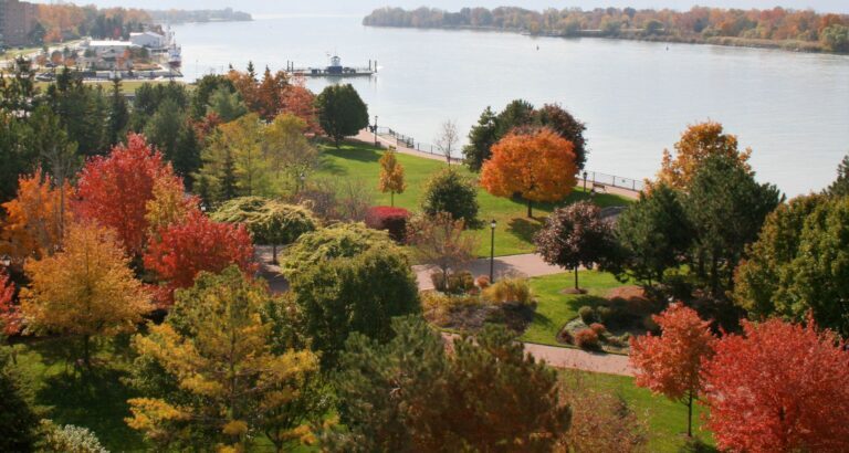 Aerial view of Amherstburg's Navy Yard Park along the Detroit River in autumn colours