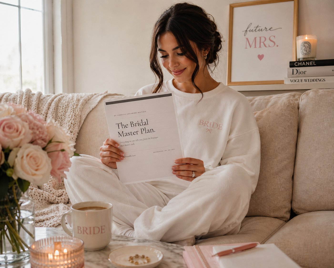 A bride in a 'BRIDE' sweatshirt reading the Chantilly Lace Bridal Master Plan booklet on a cream couch
