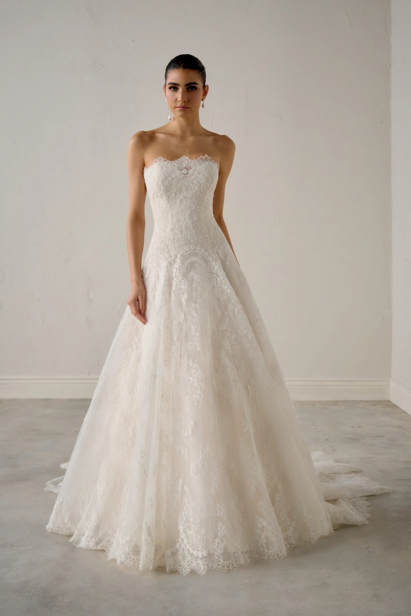 Tessera — strapless scalloped lace A-line wedding dress with cathedral train